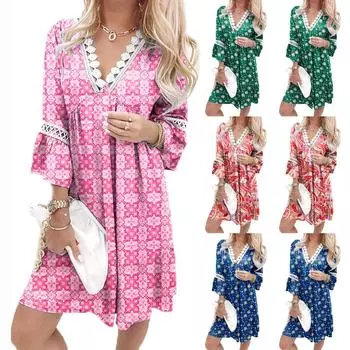 Женское модное женское кружевное лоскутное платье с v-образным вырезом в богемном стиле, повседневное курортное платье с рукавом три четверти L розовый