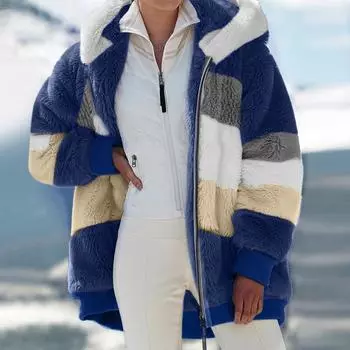 Женское модное зимнее свободное плюшевое пальто с длинным рукавом и карманом на молнии с капюшоном M синий