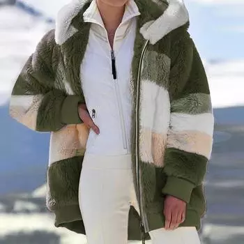 Женское модное зимнее свободное плюшевое пальто с длинным рукавом и карманом на молнии с капюшоном L армия зеленый