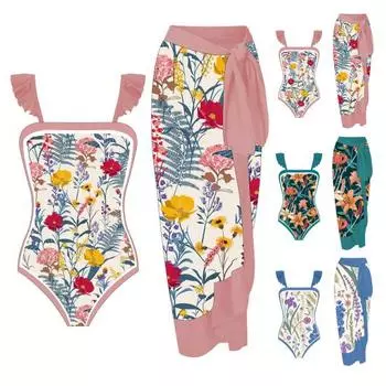 Женское Монокини, накидка, юбка во французском стиле, элегантный цветочный принт, летящие рукава, пляжная одежда, сексуальный летний женский купальник с высоким вырезом