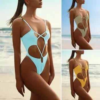 Женское монокини, открытое, без рукавов, цветное, для плавания, с открытой спиной, однотонное, облегающее, цельное, водное S жёлтый