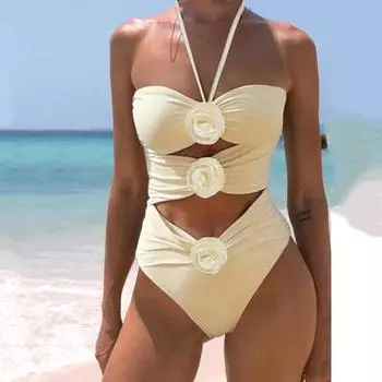 Женское Монокини с 3D-розой и декором на шнуровке с лямкой на шее, плиссированное, эластичное, однотонное, быстросохнущее, облегающее L розовый