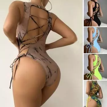 Женское монокини с цветочным принтом, однотонное, с несколькими бретелями, на шнуровке, для плавания, регулируемое L жёлтый