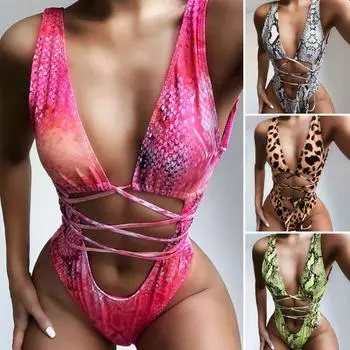 Женское Монокини с глубоким v-образным вырезом и глубоким v-образным вырезом, сексуальный цельный купальник с открытой спиной и леопардовым принтом L