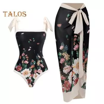 Женское монокини с принтом, 2 шт./компл., цельный купальник-бандо с юбкой на бретельках, горячий весенний купальник с пляжной накидкой S чёрный