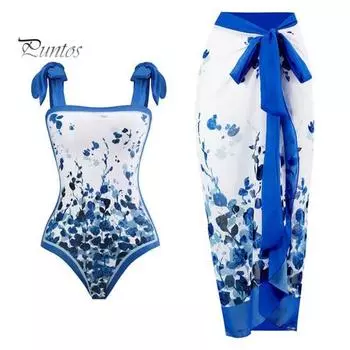 Женское монокини с принтом, 2 шт./компл., цельный купальник-бандо с юбкой на бретельках, горячий весенний купальник с пляжной накидкой S чёрный