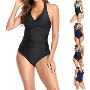 Женское Монокини с V-образным вырезом, эластичный, быстросохнущий, мягкий, тощий, с бретелькой на шее, плиссированный, с мягкой подкладкой, беспроводной консервативный купальный костюм, одежда для серфинга, женская пляжная одежда XL чёрный