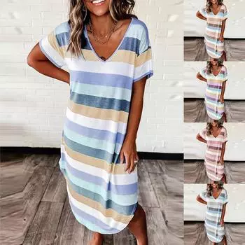 Женское мягкое повседневное элегантное удобное платье с короткими рукавами и v-образным вырезом в полоску XXL синий