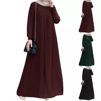 Женское мусульманское элегантное плиссированное платье Wind Temperament, однотонное платье с круглым вырезом и длинными рукавами, плиссированное платье L чёрный