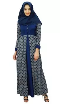 Женское мусульманское макси платье Бимба Абая с принтом Джилбаб с хиджабом 10 синий