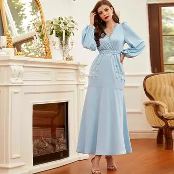 Женское мусульманское платье Голубое платье Абая с V-образным вырезом и поясом, расшитое бисером вручную S светло-синий