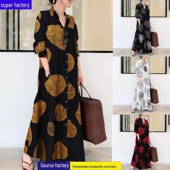 Женское мусульманское платье-рубашка больших размеров из хлопка и льна с принтом и длинными рукавами, свободное повседневное 3XL красный