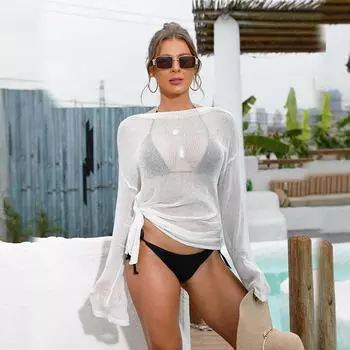 Женское накидка с разрезом и длинными рукавами, свободное бикини, топы на одно плечо, пляжные накидки One Size белый
