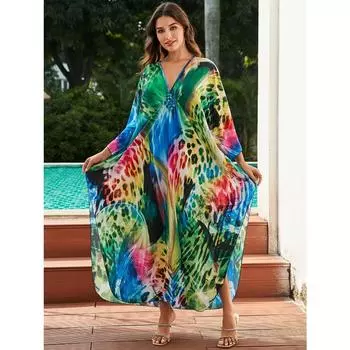 Женское накидка в стиле бохо, большие размеры, красочный леопардовый принт, тканый дизайн, свободный крой с v-образным вырезом, пляжное платье-кафтан One-size зелёный