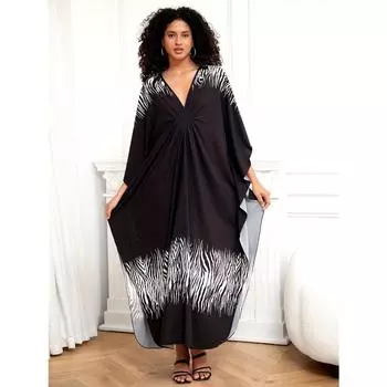 Женское накидка в стиле бохо, большие размеры, пляжный кафтан макси с принтом зебры и плетеной деталью, с V-образным вырезом и рукавами «летучая мышь» One-size чёрный