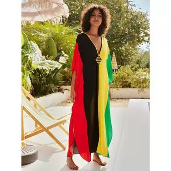 Женское накидка в стиле бохо, большие размеры, контрастного цвета, тканый дизайн, свободный крой, пляжный кафтан с V-образным вырезом One-size разноцветный