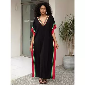 Женское накидка в стиле бохо, большие размеры, контрастное красочное полосатое платье с v-образным вырезом, свободный крой, пляжное платье-кафтан Vacay One-size чёрный
