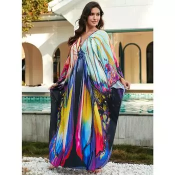 Женское накидка в стиле бохо, пляжное платье-кафтан большого размера с принтом крыльев бабочки и V-образным вырезом One-size разноцветный