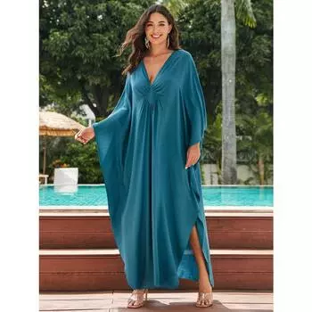 Женское накидка в стиле бохо, тканый дизайн больших размеров с V-образным вырезом, свободный крой, пляжное платье-кафтан Vacay One-size павлин голубой