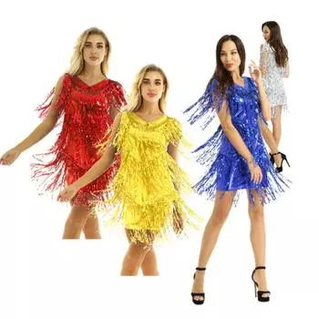 Женское нарядное платье, танцевальный костюм, коктейльное вечернее платье, женская одежда, летние платья, платья с бахромой M красный