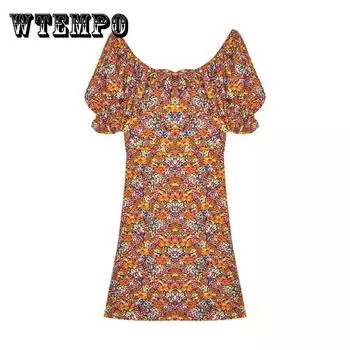 Женское нежное элегантное платье с высокой талией и цветочным принтом, винтажное тонкое праздничное платье с квадратным вырезом и рукавами-пузырьками XXL