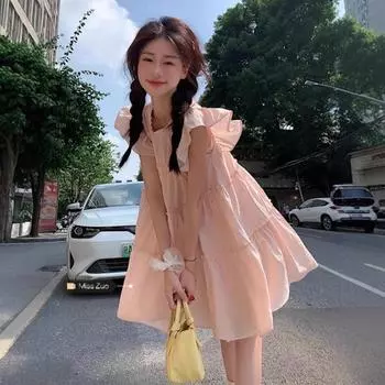 Женское нежное и нежное платье с рукавами-крылышками, летнее, маленькое, свободное, утягивающее, короткое платье S розовый