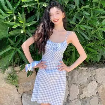 Женское нежное платье с принтом на шее, летнее темпераментное платье с лямкой на шее, длинное праздничное платье S синий