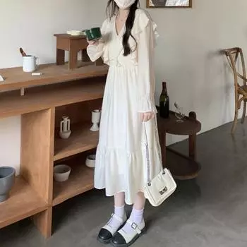 Женское нежное платье с V-образным вырезом, оборками, длинными рукавами, французский темперамент с базовым платьем S абрикосовый