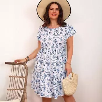 Женское нежное праздничное ветровое платье весна/лето с круглым вырезом и цветочным принтом средней длины 0XL белый