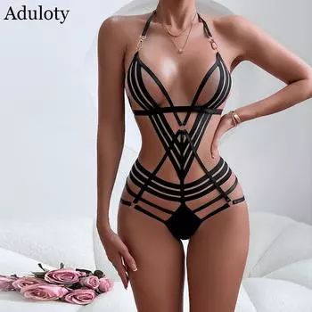 Женское нижнее белье Aduloty с черной повязкой на шее и крестом, облегающее эротическое белье с цепочкой на спине, полое боди S