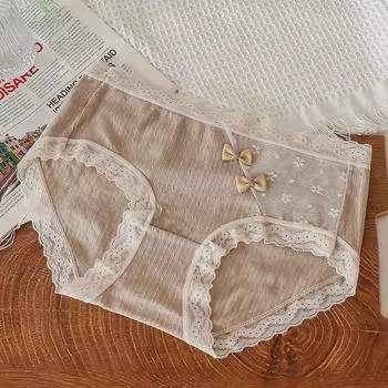 Женское нижнее белье, антибактериальные дышащие тонкие бесшовные милые кружевные треугольные шорты с промежностью из чистого хлопка для девочек one size серый
