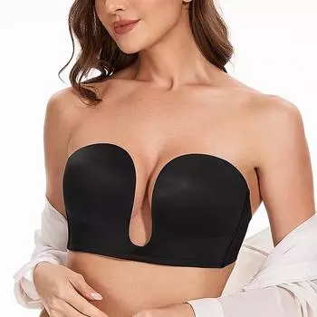 Женское нижнее белье без бретелек, сплошной бюстгальтер Push Up Deep V 32B чёрный