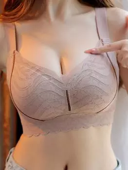 Женское нижнее белье Большие размеры Бюстгальтер со сборками Поддержка антипровисания Полные чашки Бюстгальтеры без стального кольца Удобный кружевной жилет Typep Top M чёрный