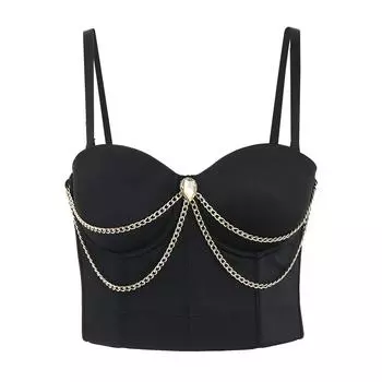 Женское нижнее белье, бюстгальтер, сексуальный корсет с цепочкой и елочкой, бретельки, французские внешние топы на бретелях с каплевидными кристаллами 34B чёрный
