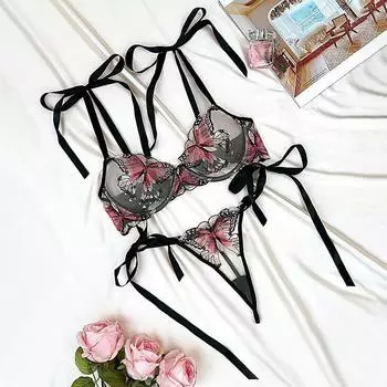 Женское нижнее белье из 2 предметов, элегантный бант, прозрачный сексуальный бюстгальтер с бабочкой, трусики, милый комплект нижнего белья для девушек S