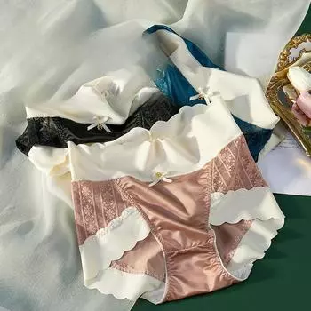 Женское нижнее белье из атласа, сексуальные трусы с высокой талией, легкие хлопковые трусики с треугольными чашечками и волнистым краем из ледяного шелка M