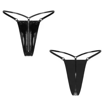 Женское нижнее белье из латексной лакированной кожи с застежкой-молнией Wetlook с Т-образным вырезом на спине, стринги с низкой талией и открытой попоной S