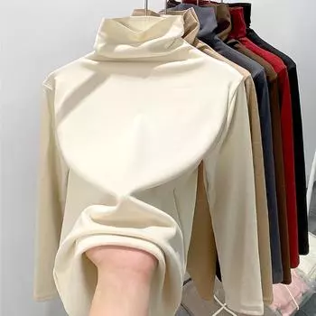 Женское нижнее белье из микронного бархата с высоким воротом на осень и зиму с утолщенным двухсторонним ворсовым воротником и длинными рукавами M чёрный