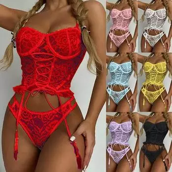 Женское нижнее белье, комплект из двух предметов, женский кружевной комплект из бюстгальтера и трусиков, однотонный комплект вязанного крючком на шнуровке с оборкой по краю, комплект нижнего белья для вечеринок 5XL белый