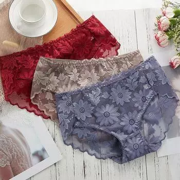 Женское нижнее белье, кружевные трусики со средней талией, сексуальные дышащие трусы без следов M чёрный