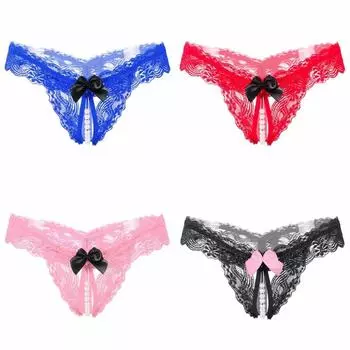 Женское нижнее белье Ночная одежда Открытая промежность Бесшовное нижнее белье Жемчужное кружево Стринги Сексуальные трусики