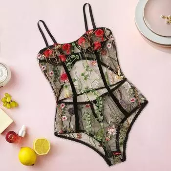 Женское нижнее белье Полый боди с цветочной вышивкой и открытой спиной Комбинезон Пижамы L