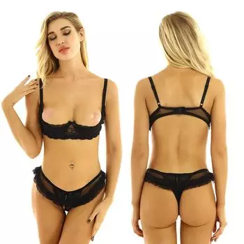 Женское нижнее белье Прозрачный кружевной бюстгальтер без косточек без подкладки с четвертью чашками и трусами Нижнее белье 3XL