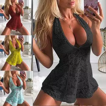 Женское нижнее белье с глубоким вырезом и цветочным принтом, однотонное ночное платье с лямкой на шее M чёрный