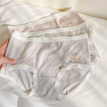 Женское нижнее белье с милым котом, женские антибактериальные бесшовные трусы со средней талией с промежностью One Size грязно-белый