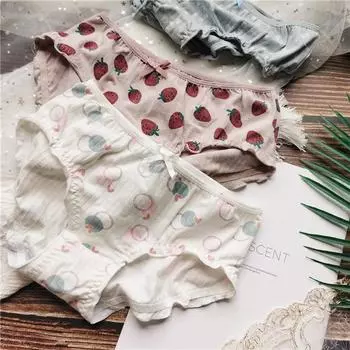 Женское нижнее белье с милым принтом кленового листа и клубники, маленькие свежие трусы с низкой талией, хлопковые женские трусики для девочек One Size