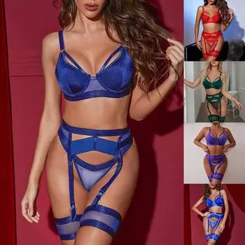Женское нижнее белье с подвязками, сексуальное кружевное белье, прозрачное нижнее белье из 4 предметов, сексуальный комплект на косточках, разделенное сексуальное женское белье XXL