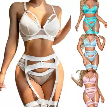 Женское нижнее белье с подвязками, сексуальное кружевное белье, прозрачное нижнее белье из 4 предметов, сексуальный комплект на косточках, разделенное сексуальное женское белье L