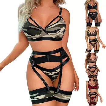 Женское нижнее белье с подвязками, сексуальное кружевное белье, прозрачное нижнее белье из 4 предметов, сексуальный комплект на косточках, разделенное сексуальное женское белье XXL