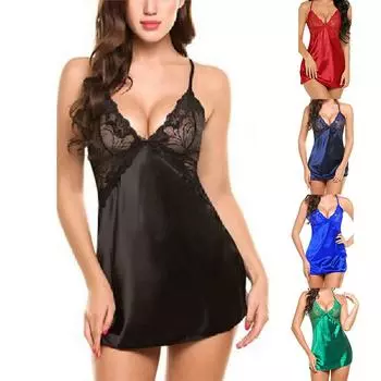 Женское нижнее белье с V-образным вырезом, ночная рубашка, атласное сексуальное кружевное платье-сорочка для сна L чёрный